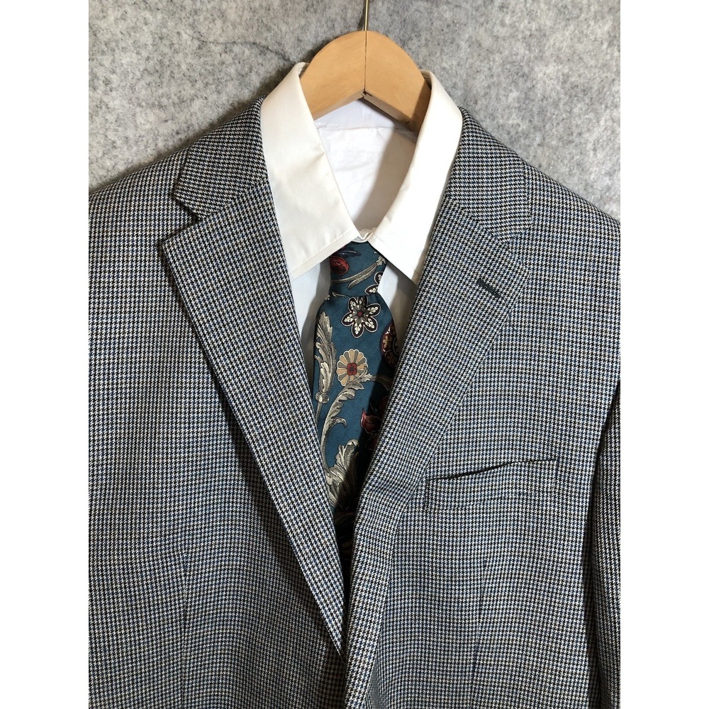 Chaps Blazer Mens 44R Blue Black Houndstooth Suit Coat Jacket Career Casual